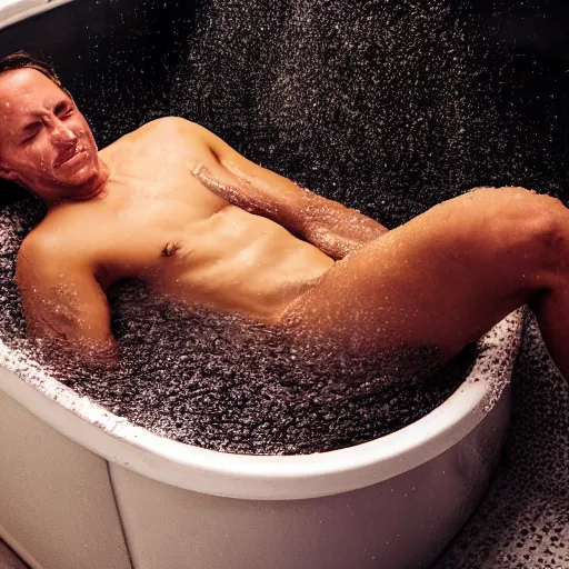 Image similar to a man bathing in a bathtub full of beans