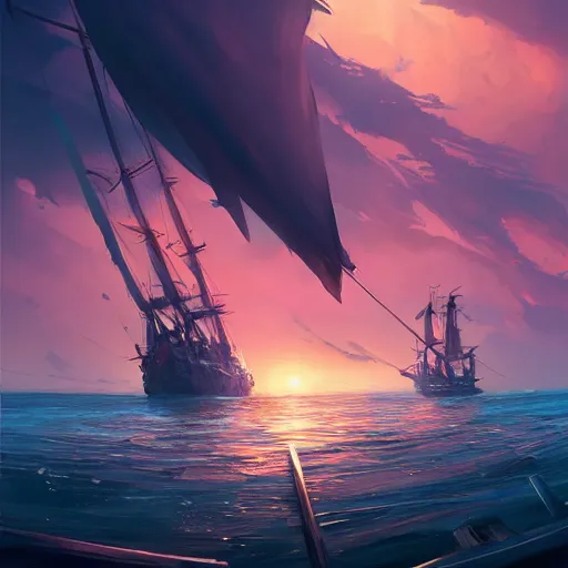 Image similar to two large pirates ship floating on top of a body of water at sunset, fighting each other, pirates flag , cgsociety, fantasy art, 2d game art, concept art , ambient occlusion, bokeh, behance hd , concept art by Jesper Ejsing, by RHADS, Makoto Shinkai Cyril Rolando