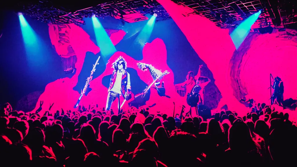 Prompt: a concert of the Voidz and Julian Casablancas on the moon, all the members of the band are making dramatic poses, while people go crazy listening to their songs, the stage is decorated in a psychedelic style inspired by the eighties and you can see behind the stage a part of the pink skeleton of a llama, professional photography, 17mm, cinematic photography, photography by Todd Owyoung, high resolution 4k