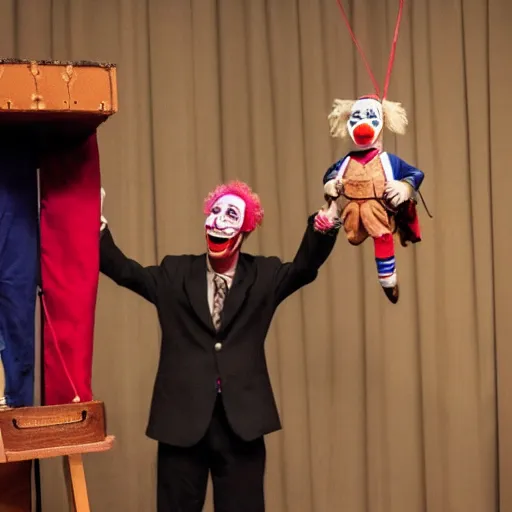 Prompt: puppeteer in puppet show using a string marionette of a president with clown makeup in a podium