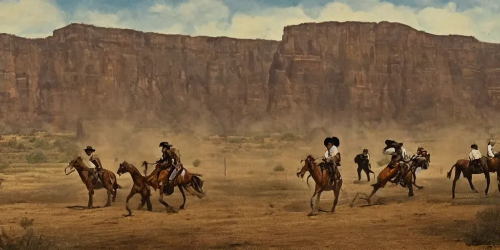 Prompt: cowboy shootout at the rio grande, grim, violent, in the style of Fredrick Remington