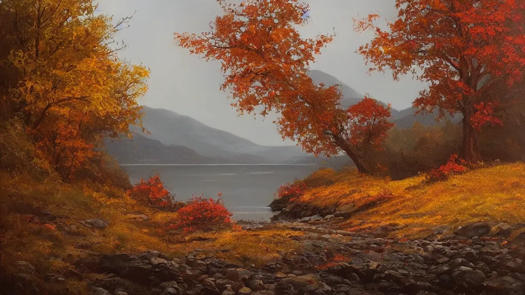 Image similar to A beautiful oil painting of hill with a single tree, the tree is in the rule of thirds, the fall has arrived and the leafs started to become golden and red, the river is zigzagging and flowing its way, the river has lots of dark grey rocks, by Greg Rutkowski