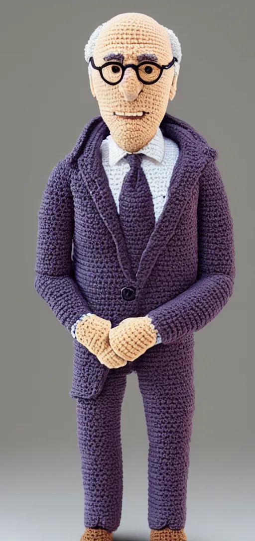 Prompt: A photorealistic Larry David crochet doll