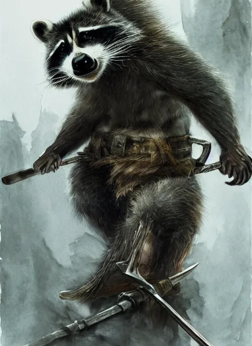 Image similar to portrait, male anthropometric raccoon barbarian, watercolor, dramatic lighting, cinematic, establishing shot, extremely high detail, foto realistic, cinematic lighting, pen and ink, intricate line drawings, by Yoshitaka Amano, Ruan Jia, Kentaro Miura, Artgerm, post processed, concept art, artstation, matte painting, style by eddie mendoza, raphael lacoste, alex ross