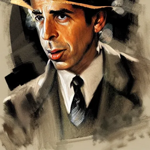 Prompt: humphrey bogart as sam spade, portrait, highly detailed, digital painting, artstation, concept art, sharp focus, illustration, art , style of Dean Cornwell by Dean Cornwell