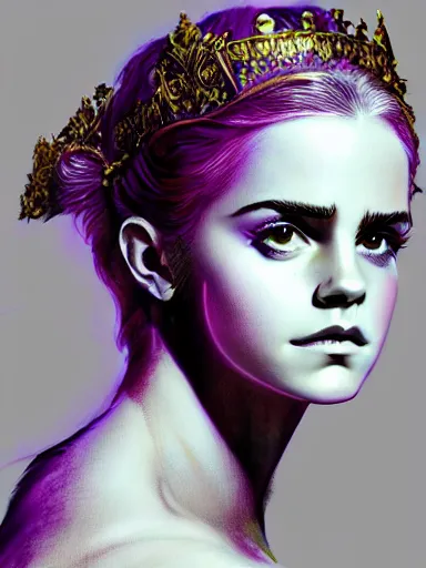 Prompt: portrait of beautiful female angel queen Emma Watson face wearing shiny pink crown, subtle purple accents, hyper details, black metal rococo, sculpted by Alex Alice, Craig Mullins, yoji shinkawa, trending on artstation, beautifully lit, Peter mohrbacher, hyper detailed, insane details, intricate, elite, elegant, luxury, ray of light through smoke, CGsociety, hypermaximalist, golden ratio, background urban cityscape, night, neofuture, volumetric, octane render, weta digital, micro details, 3d sculpture