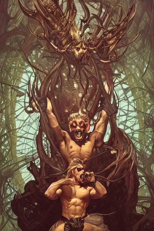 Image similar to portrait of the nostalgia critic as a herculian demon man, forest, full body, powerful, fantasy, intricate, elegant, highly detailed, digital painting, artstation, concept art, sharp focus, illustration, art by artgerm and greg rutkowski and alphonse mucha