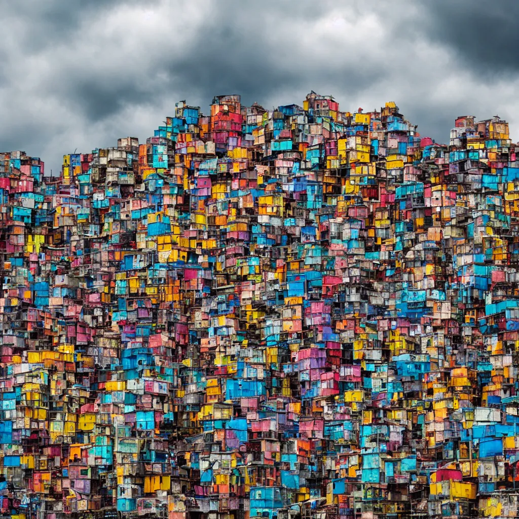 Image similar to close - up towers made up of colourful makeshift squatter shacks, bleached colours, dramatic cloudy sky, dystopia, mamiya, very detailed, ultra sharp, photographed by andy warhol