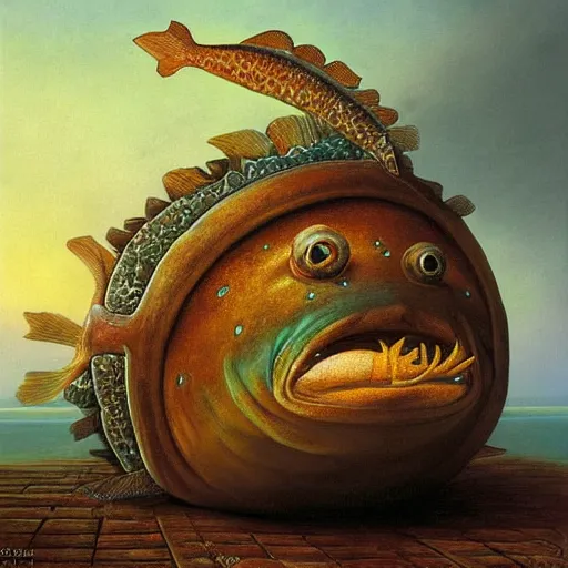 Prompt: a worried fish on the top of a pile of fish, all the fish are inside a cooking pot, side view, by vladimir kush, dystopian art, rococo