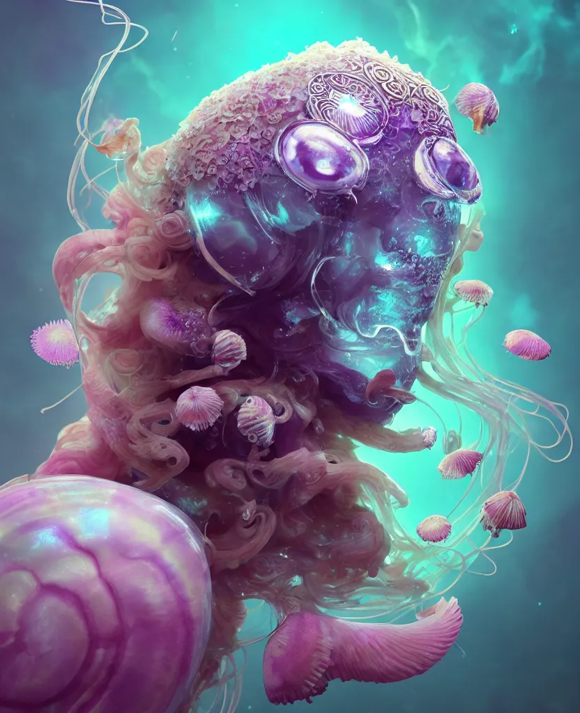 Image similar to goddess princess beautiful face close-up portrait ram skull fluffy toy. jellyfish phoenix head, nautilus, orchid, skull, betta fish, bioluminiscent creatures, intricate artwork by Tooth Wu and wlop and beeple. octane render, trending on artstation, greg rutkowski very coherent symmetrical artwork. cinematic, hyper realism, high detail, octane render, 8k