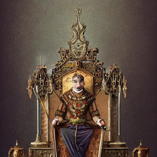 Image similar to Mr. Bean depicted as a medieval king on his throne, fantasy, intricate, ornate, Hyperdetailed, digital art, behance, artstation, smooth, sharp focus, bokeh, illustration, digital painting, elegant, symmetrical