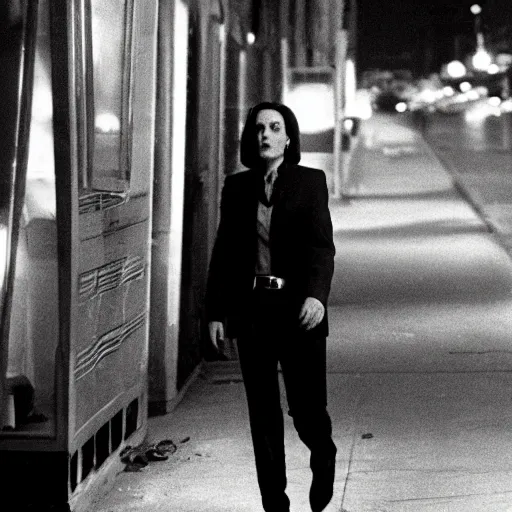 Prompt: agent scully investigating a cucumber on a dark city street, still from a tv show, 9 0 s