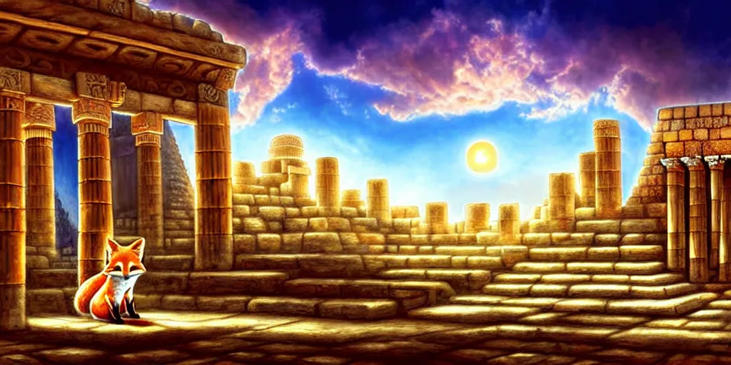 Image similar to illusion painting hidden temple in the clouds : an adorable small fox in the huge ruins of the second temple in jerusalem. a new temple hovers quietly hiding in the dreamy clouds above. a hooded bearded old man in a brown tunic laughing, colorful 8 k, art station, intricate superb details, digital art, illusion painting hidden image.