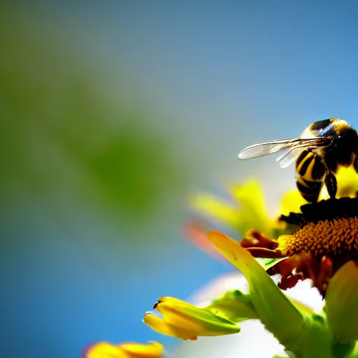 Prompt: macro shot of a robotic bee resting on a flower, global illumination