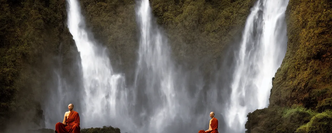 Image similar to dang ngo, annie leibovitz, steve mccurry, a simply breathtaking shot of mediating monk at one giant waterfall, wide shot, symmetrical