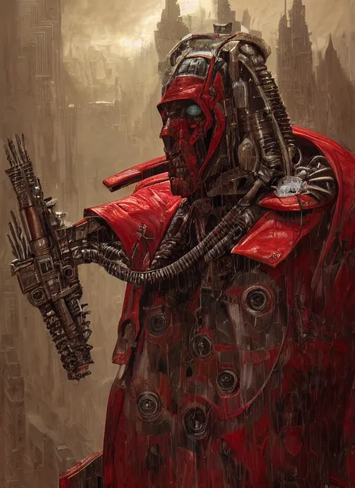 Image similar to portrait of rotten Nicolas Cage as adeptus mechanicus in red hood and robe from Warhammer 40000. Highly detailed, artstation, illustration by and John Blanche and zdislav beksinski and wayne barlowe