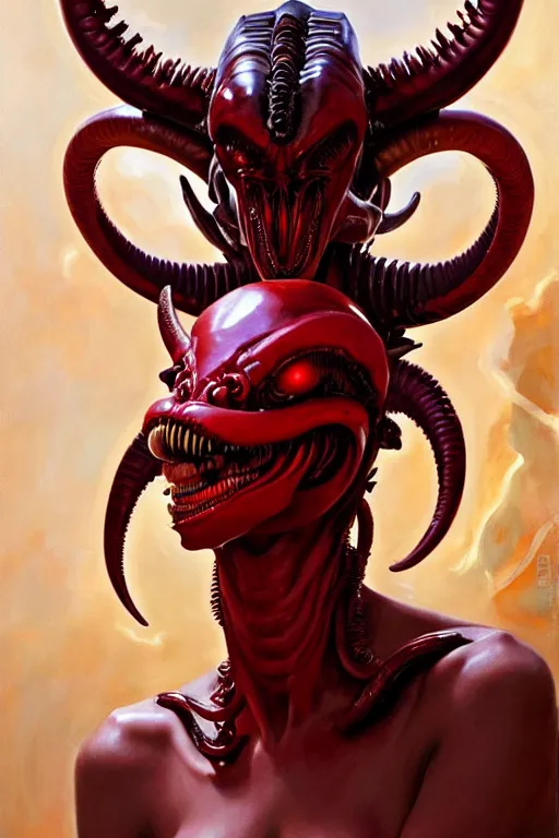 Prompt: painted close - up portrait of a very attractive red - skinned intimidating demon alien - xenomorph queen with ram horns! oil painting, wearing a noblewoman's outfit, fantasy art by john singer sargent and gaston bussiere and james jean and greg rutkowski, demon noble character design, hd