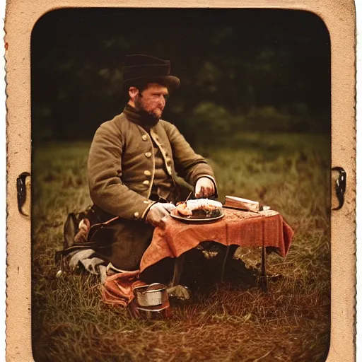 Image similar to eating spaghetti on the battlefield, american civil war, tintype sigma 5 0 mm, cinematic lighting, photography, wes anderson, kodachrome