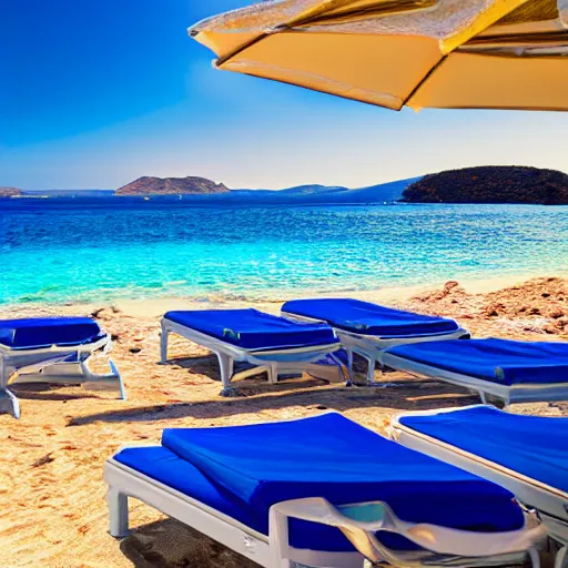 Image similar to sunbeds on Elafonissi Beach in crete, 8k resolution, hyper detailed, professional photograph