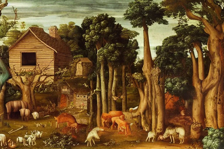 Image similar to a mistic fa forest with many animals, with a old house, in entrance of the house and old woman rocking in a rocking chair.renaissance painting style.high detail painting