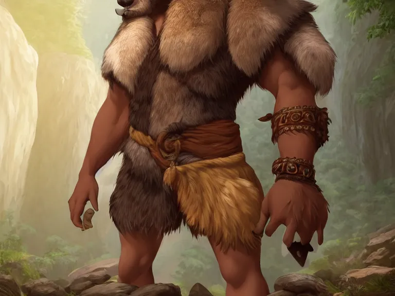 Image similar to burly tough character feature portrait of the anthro male anthropomorphic wolf fursona animal person wearing tribal primitive caveman loincloth outfit belt standing in the entrance to the cave, center framed character design stylized by charlie bowater, ross tran, artgerm, makoto shinkai, detailed, soft lighting, rendered in octane