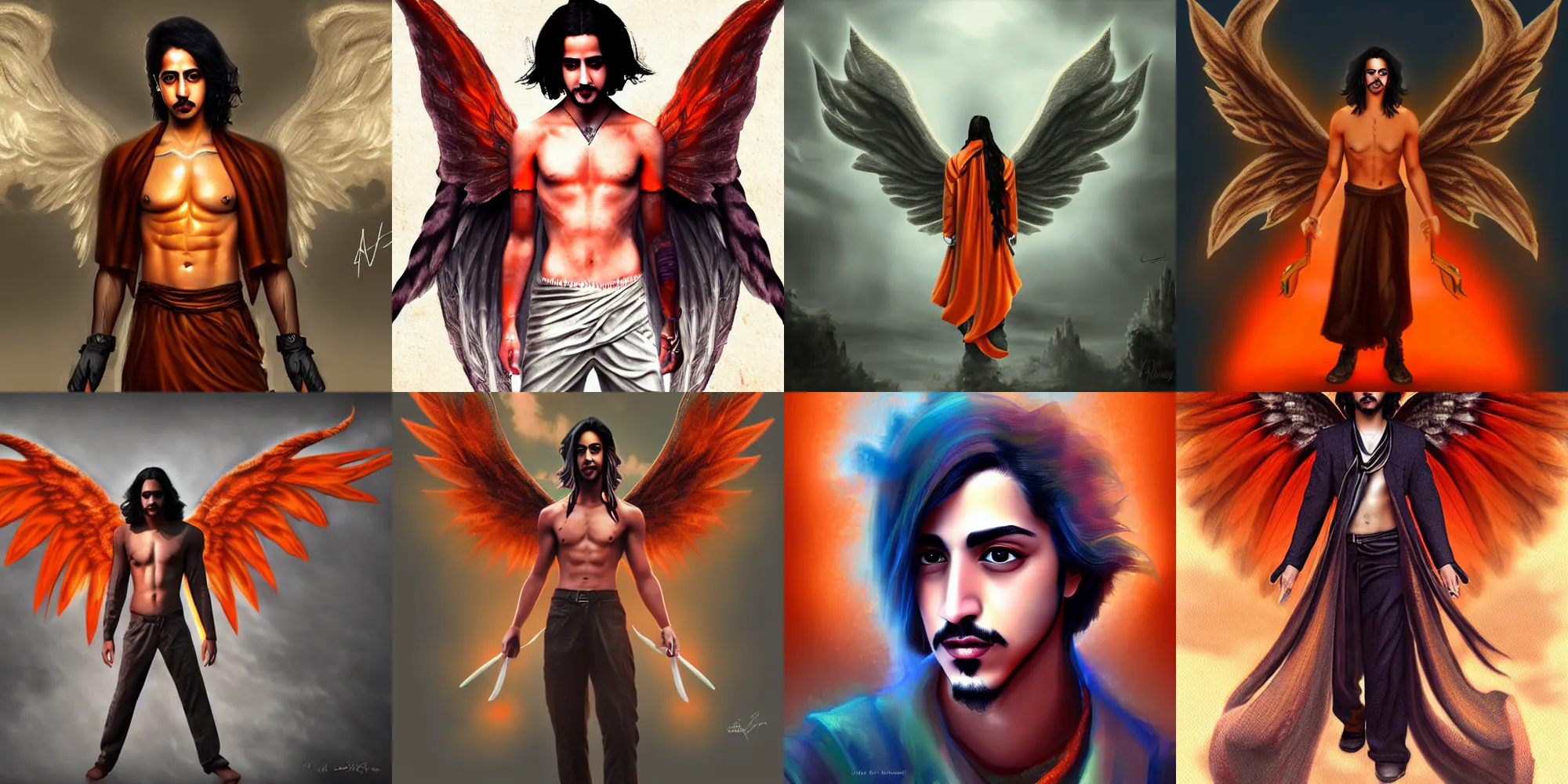 Prompt: Avan Jogia as an angel with large orange wings, detailed urban fantasy digital art, trending on artstation