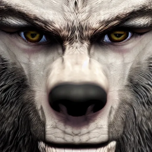 Image similar to portrait of man transforming into a werewolf with grey realistic fur, high detail, hyper realism, unreal engine, 8 k