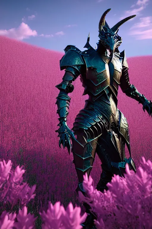 Image similar to high quality 3 d neo - gothic armored human dragon hybrid with sword in a field of pink flowers, highly detailed unreal engine, vitaly bulgarov dramatic dark teal light, ground angle hd 8 k, sharp focus