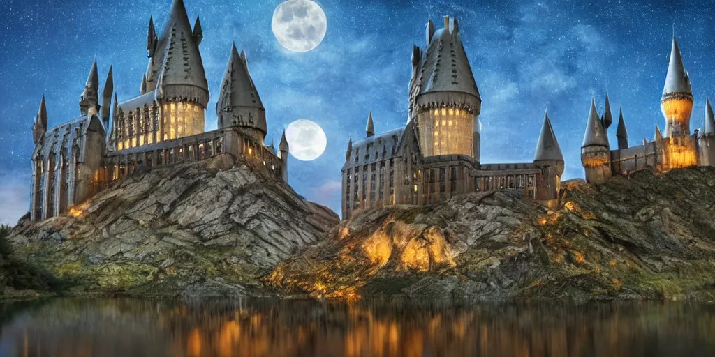 Image similar to insanely detailed long shot of hogwarts castle next to a lake at night with glowing windows cloudy night bright moon, harry potter