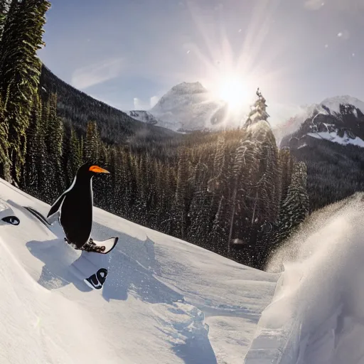 Prompt: ultrawide angle photograph of a snowboarding penguin, extremely detailed. the snowboard he is riding is red and has a tribal print, 8 k