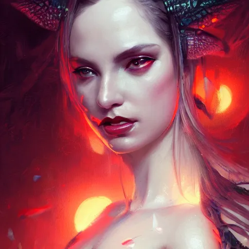 Image similar to a fancy portrait of an attractive succubi women covered in scales by greg rutkowski, sung choi, mitchell mohrhauser, maciej kuciara, johnson ting, maxim verehin, peter konig, 8 k photorealistic, cinematic lighting, hd, high details, dramatic, dark atmosphere, trending on artstation