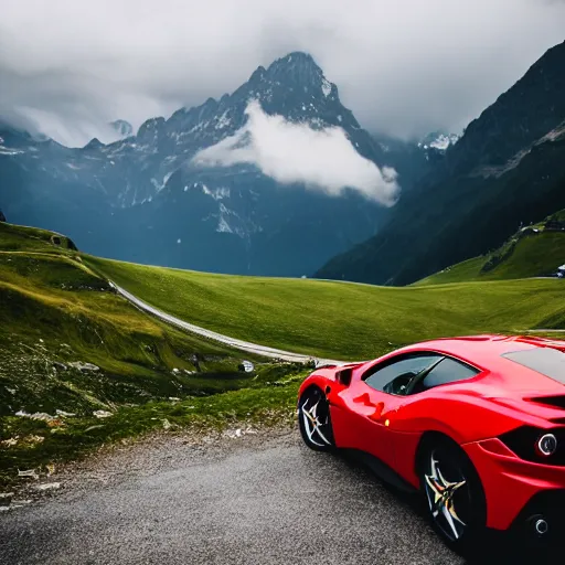 Prompt: a ferrari on a cloudy day in the swiss alps