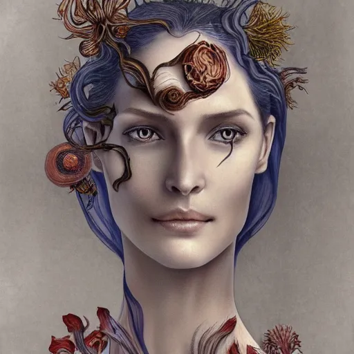 Image similar to facial portrait of a young pretty woman in flowing dress, arrogant, mysterious, long fine flowing hair, delicate, looking at camera, slightly awkward smile, realistic face, hands behind back, stylish, elegant, grimdark fantasy, flowers, extremely detailed painting inspired by Gerald Brom and Ernst Haeckel and Kaluta