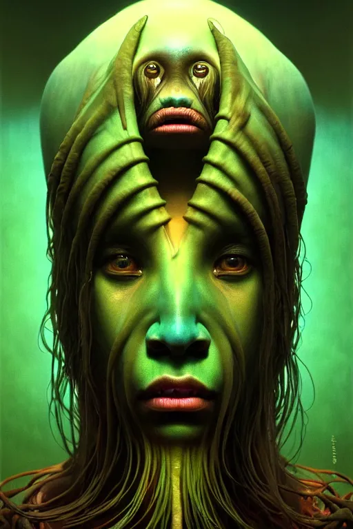 Image similar to portrait of a sad bioluminescent tribal creature, intense expression, highly detailed, asymmetrical artwork, cinematic, hyperrealism, art by zdzisław beksinski and stanley lau and artgerm and magali villeneuve and alphonse mucha, artstation, octane render, unreal engine, 8 k, aperture f 1. 2