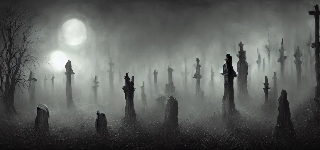 Image similar to A dark and haunted graveyard with Big Evil ghost in the style of Keith Thompson, christopher bretz and kael ngu and Zdzislaw Beksinski, Artstation HD, 8k, Surrealistic digital artwork, highly detailed, digital painting, HDRI, vivid colors, high contrast, 8k resolution, intricate, photorealistic, smooth