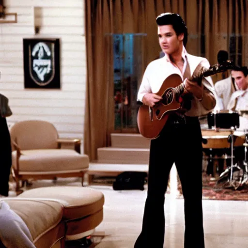 Prompt: Tom Hanks playing Elvis Presley, movie still