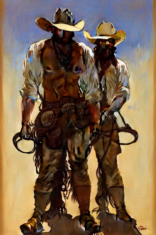 Prompt: a homoerotic painting by greg rutkowski, alphonse mucha of two attractive hairy shirtless cowboy gunslingers in love standing back to back | bandoliers, leather clothing | detailed face, natural lighting, path traced, highly detailed, high quality, digital painting, trending on artstation