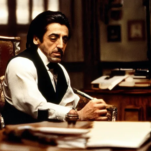 Image similar to al pacino in the godfather seated at his desk