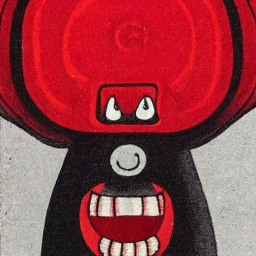 Prompt: a red and black monster with a really long tongue, glowing mushrooms