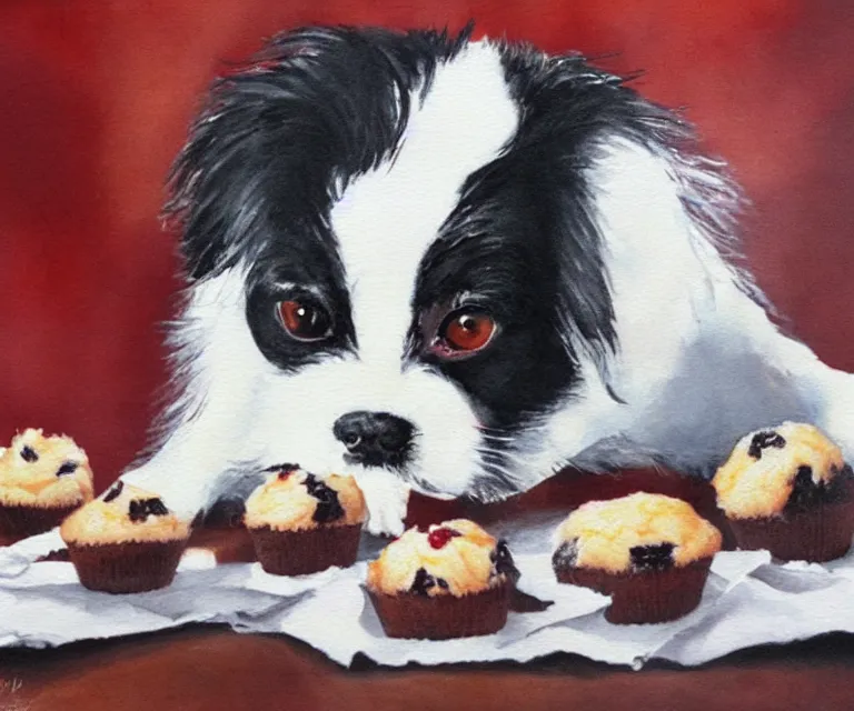 Prompt: white and black japanese chin dog eating cherry muffins, water painting