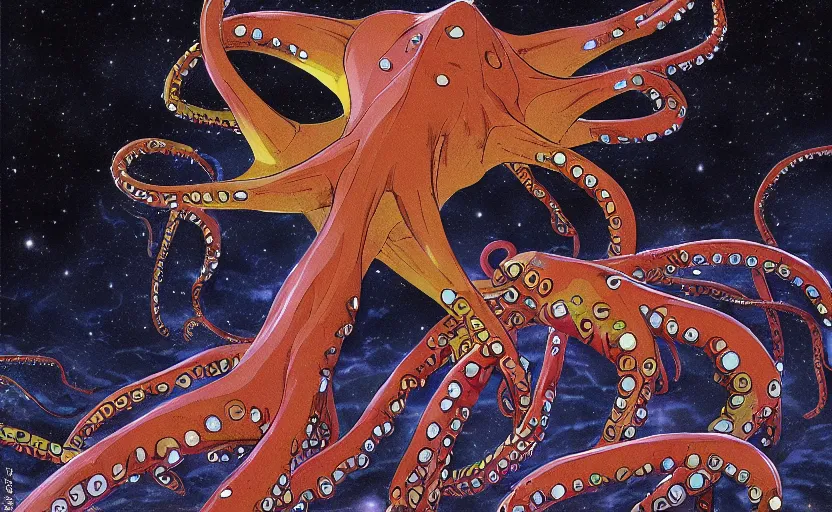 Image similar to a realistic cell - shaded studio ghibli concept art from paprika ( 2 0 0 6 ) of a flying multi - colored octopus from close encounters of the third kind ( 1 9 7 7 ) and dimensional portal to another world above a flooded temple complex on a misty starry night. very dull colors, wide shot, hd, 4 k, hq