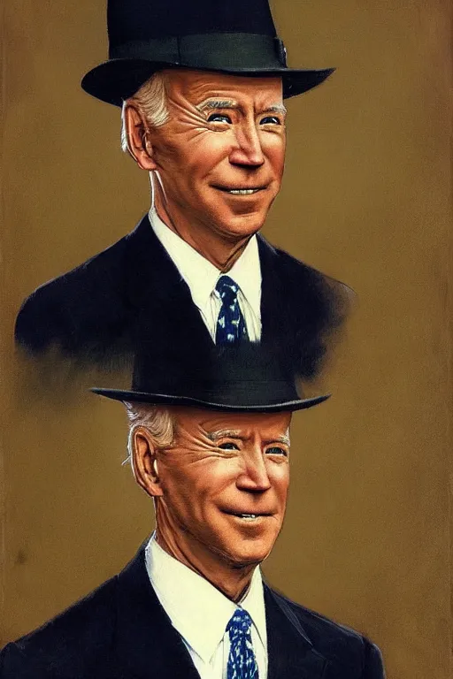 Image similar to “portrait of Joe Biden, impeccably dressed, wearing trilby hat, by norman Rockwell”