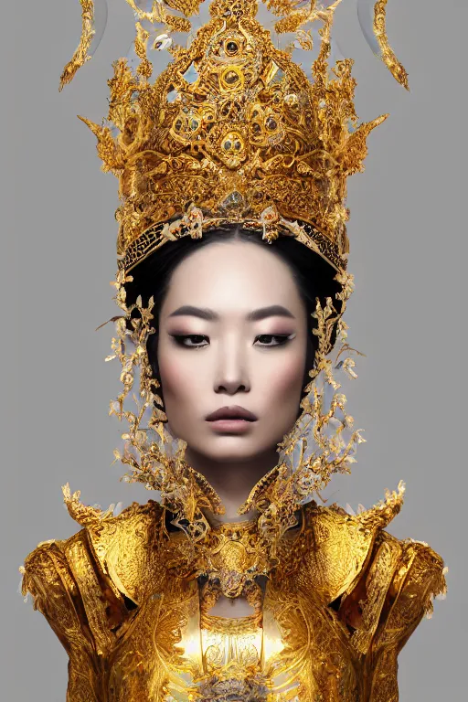 Image similar to a singular beautiful empress portrait, with a brilliant, impossible striking shiny big gold headpiece, symmetrical, reflective surface, gold clothes, rococo, baroque, jewels, asian, realistic, studio lighting, closeup, D&D, fantasy, intricate, elegant, highly detailed, digital painting, artstation, octane render, 8k, concept art, matte, sharp focus, illustration, art by Artgerm and Greg Rutkowski and Alphonse Mucha