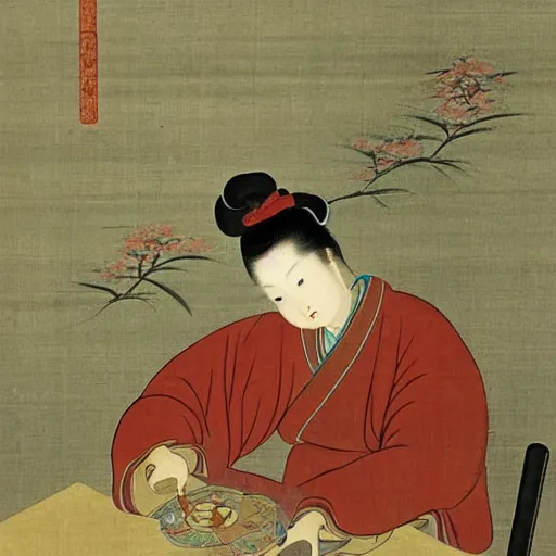 Prompt: the Chinese ancient painting of a lady playing a desktop in Tang Dynasty , by Han Xizai