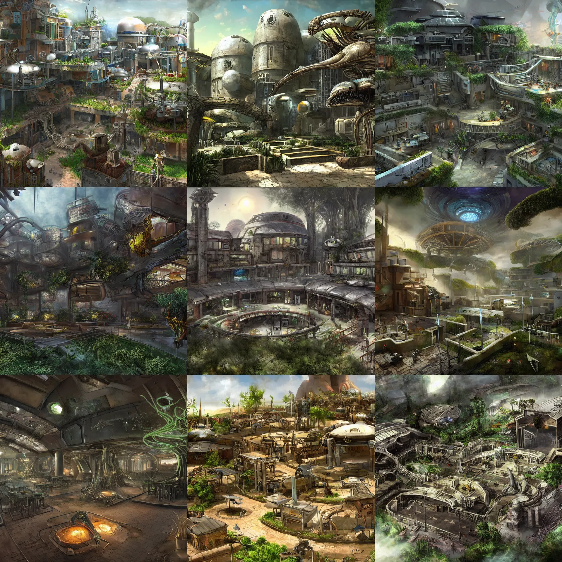 Prompt: next to a open plaza area with a restaurant at the side, in a small outpost of only a few buildings, on an alien grassland, on an alien planet, from a space themed point and click 2 d graphic adventure game, set design inspired by hg giger and ridley scott and tomb raider, art inspired by thomas kinkade