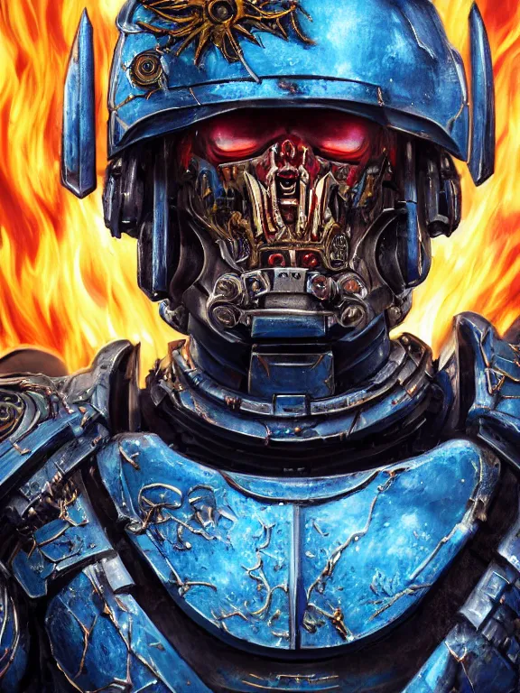 Prompt: portrait art of 8k ultra realistic undead space marine on fire,intricate blue helmet, detailed intricate ornate armour,decaying, cybernetic, full of colour, cinematic lighting, battered, trending on artstation, 4k, hyperrealistic, focused, extreme details,unreal engine 5, cinematic, masterpiece, art by ayami kojima, giger