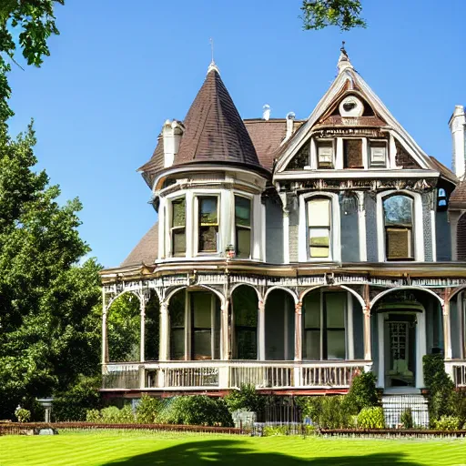 Image similar to beautiful victorian house, queen anne, mansard roof, turrets, photography, awarding winning, high quality, high resolution