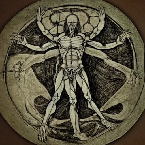 Prompt: an anatomical drawing of Cthulhu by Leonardo da Vinci in the style of the Vitruvian Man