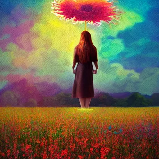 Image similar to giant flower afro, full body, girl standing in the middle of a field with flowers, surreal photography, hills, sunrise dramatic light, impressionist painting, colorful clouds, digital painting, pointillism, artstation, simon stalenhag