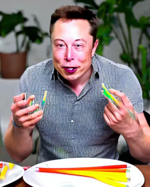 Image similar to a man eating crayons with a fork, elon musk, 4 k, high quality, crayons served on a plate